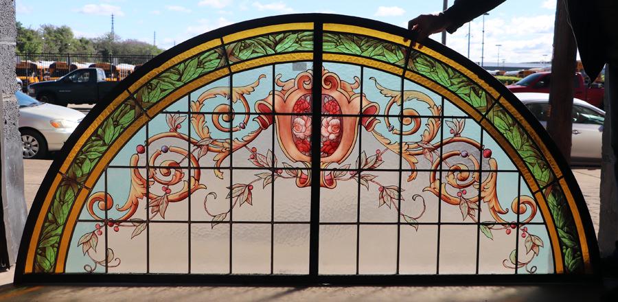 ARCHED PAINTED LEADED GLASS TRANSOM WINDOW C.1910 (1 of 3)