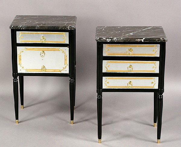 PAIR EGLOMISE DECORATED END TABLES MARBLE TOPS: A pair stylish eglomise decorated end tables having molded marble tops over ebonized and mirrored bases circa 1950. Having silver and gilt eglomise decorated drawer fronts and side panels. Ensuite wit