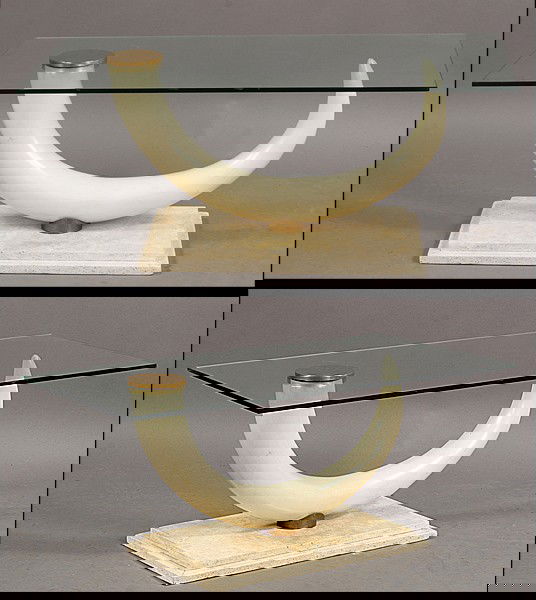 PAIR MODERN FAUX TUSK END TABLES CANTILEVERED TOP: A pair of mid century modern faux tusk end tables with cantilevered glass tops and stepped travertine marble bases circa 1970. Ht: 17" Width: 29" Depth: 14"