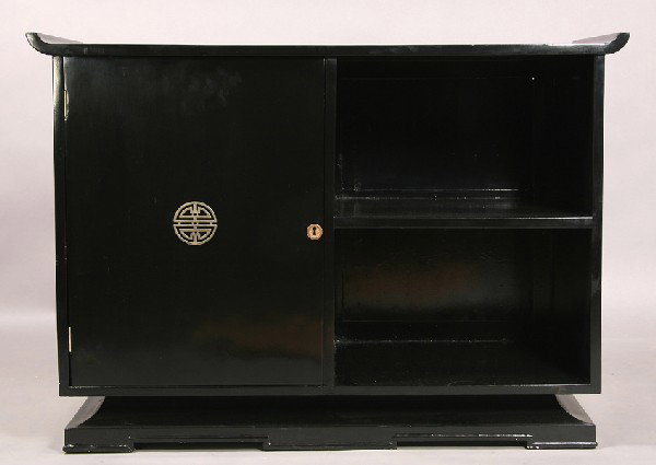 MODERN JAMES MONT STYLE ASIAN CABINET SHELF: Mid century modern James Mont style Asian inspired ebonized cabinet circa 1950. With flared top, single door, bronze mounts, open shelves and stepped base. Ht: 33.5" Width: 47.5" Depth: 19.5"
