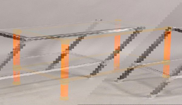 LABELED PIERRE VANDEL BURL CHROME COFFEE TABLE: A mid century modern labeled Pierre Vandel burl and chrome coffee table having an inset glass top and lower shelf circa 1970. Supported on square banded burl legs. Ht: 16" Width: 43" Depth: 23"