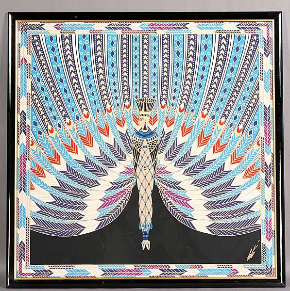 LG SIGNED ERTE SERIGRAPH WOMAN PEACOCK: Large signed serigraph bearing the signature Erte and showing a woman in a peacock form dress. Ht: 37" Width: 37.5"