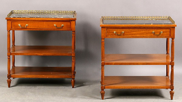 PAIR BEACON HILL MARBLE TOP END TABLES: A pair of Beacon Hill marble top end tables circa 1960. Ht: 29" Width: 28" Depth: 18.5"