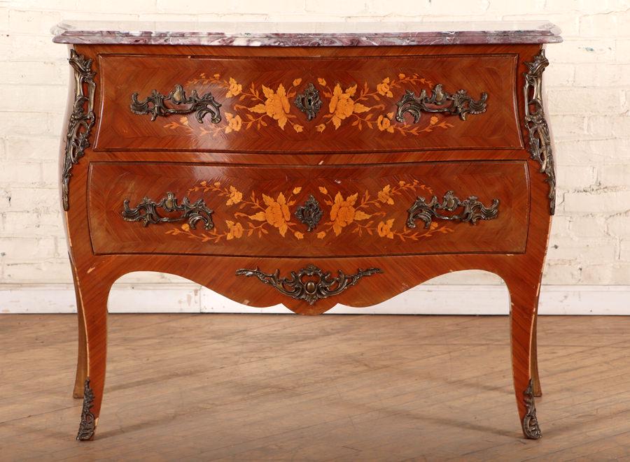 LOUIS XV STYLE INLAID MARBLE TOP COMMODE C.1940 (1 of 7)