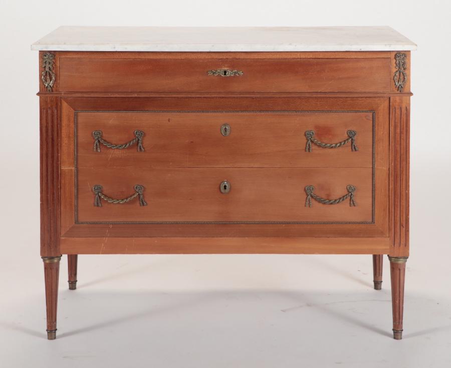FRENCH MAHOGANY LOUIS XVI STYLE MARBLE TOP COMMODE: A French mahogany Louis XVI style marble top commode circa 1940. Ht: 34.25" Wd: 41" Dpth: 19.5"