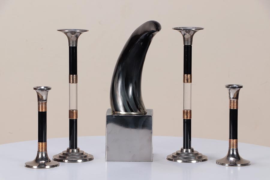 TWO PAIRS OF CANDLESTICKS AND HORN SCULPTURE (1 of 6)
