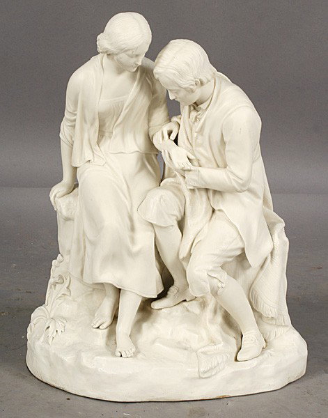 LG PARIAN BISQUE SCULPTURE POET ROBERT BURNS: A large and well-executed Parian bisque figural group showing the Scottish poet Robert Burns with his beloved Mary Campbell. Stamped "Copeland N73". Ht: 20" Width: 15" Depth: 10.5" Terms & Conditions: