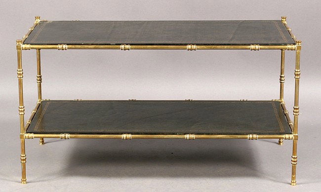FAUX BAMBOO BRASS COFFEE TABLE INSET LEATHER TOP