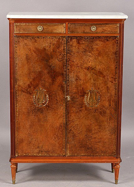 LOUIS XVI STYLE MARBLE LEATHER VINTAGE CABINET