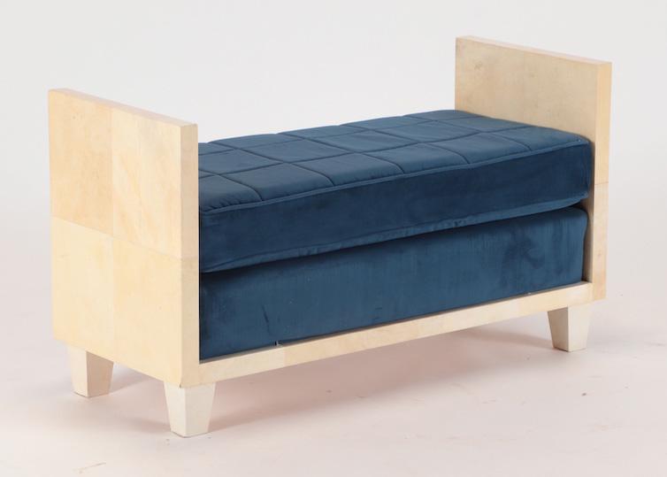PARCHMENT COVERED UPHOLSTERED BENCH (1 of 5)