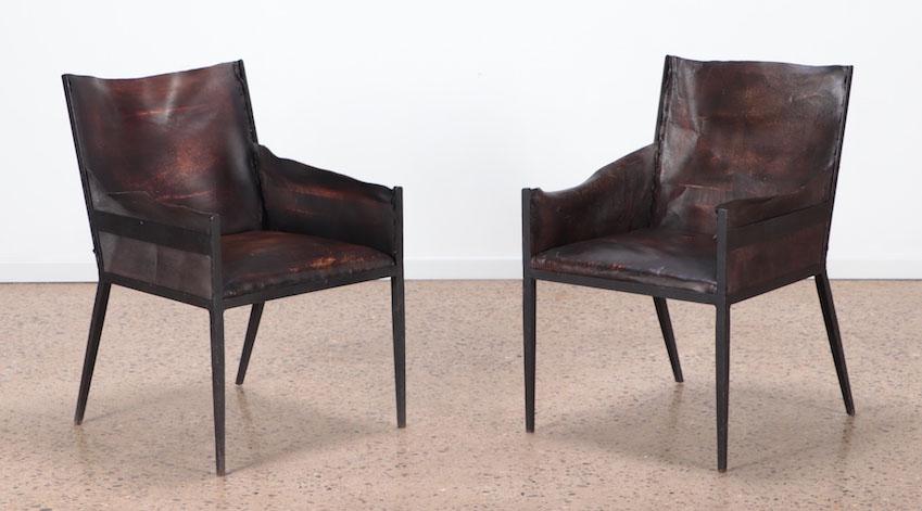 PAIR OF IRON AND LEATHER ARM CHAIRS (1 of 6)