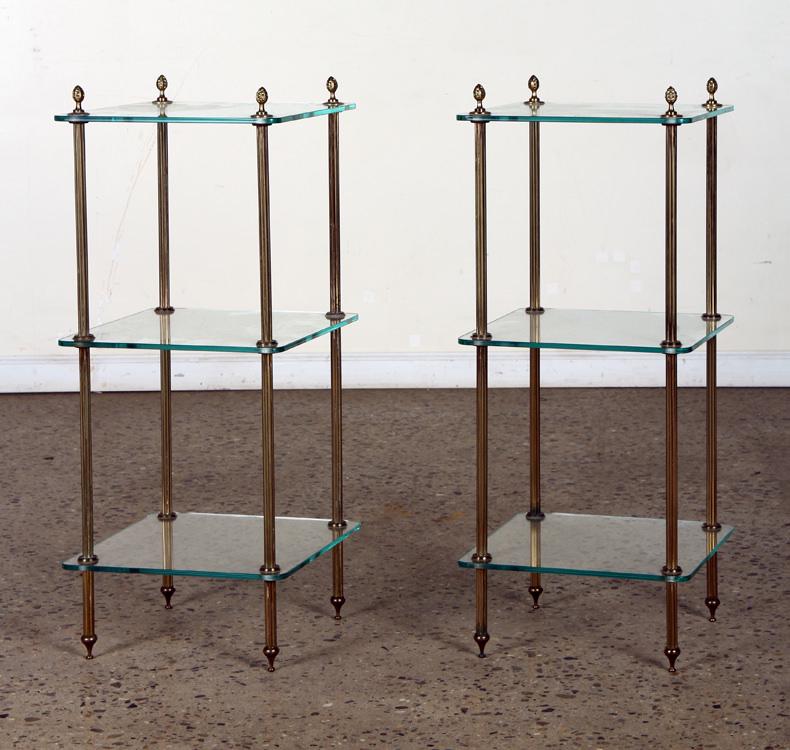 PAIR FRENCH BRASS GLASS 3-TIER TABLES C.1950 (1 of 4)