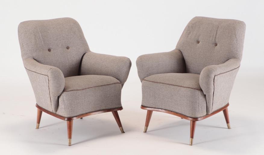 PAIR WOOD AND UPHOLSTERED CLUB CHAIRS CIRCA 1960 (1 of 4)