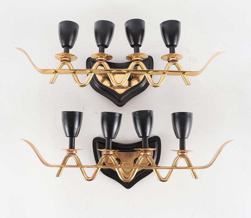 PAIR ITALIAN 4-LIGHT BRASS IRON WALL SCONCES 1960 (1 of 4)