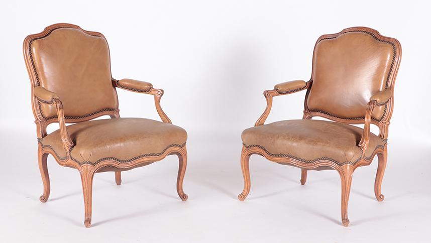 LARGE PAIR LOUIS XV STYLE LEATHER OPEN ARMCHAIRS (1 of 6)