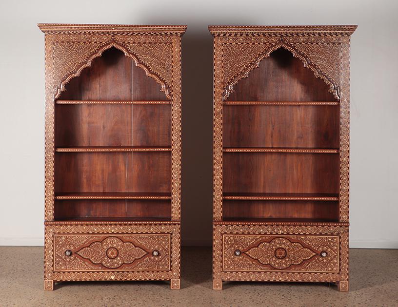 A PAIR OF SYRIAN STYLE INLAID OPEN BOOKCASES (1 of 6)