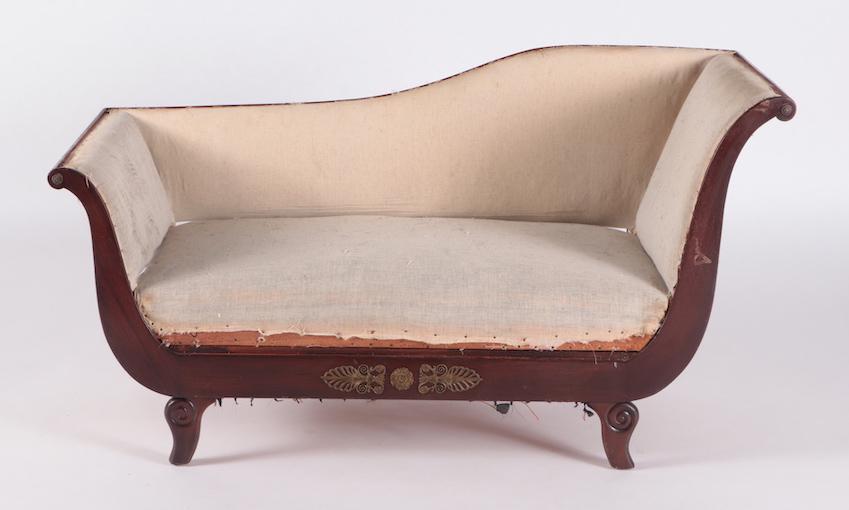 19TH CENTURY MAHOGONY AND BRONZE MOUNTED RECAMIER: A nineteenth century mahogany and bronze mounted recamier. Ht: 29.5" Wd: 54" Dpth: 22.5" Seat: 14"