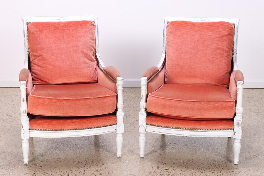 PAIR FRENCH DIRECTOIRE STYLE BERGERE CHAIRS 1950 (1 of 8)