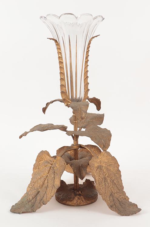 GILT BRONZE AND BACCARAT GLASS EPERGNE C. 1890: A large gilt bronze and Baccarat glass epergne having naturalistic leaves circa 1890. Ht: 24.75" Wd: 17" Dpth: 16"