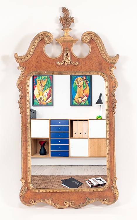 GEORGIAN STYLE BURLWOOD MIRROR CIRCA 1950 (1 of 5)