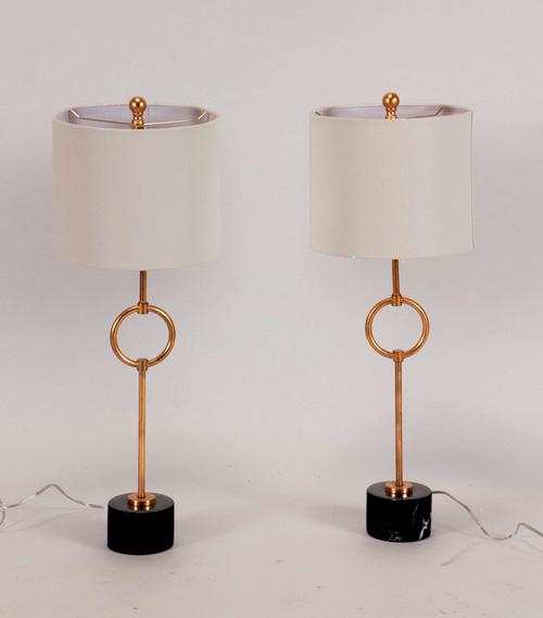 PAIR GILT, IRON, BRASS AND MARBLE TABLE LAMPS (1 of 4)