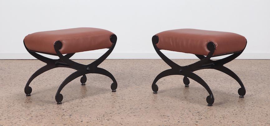 A STYLISH PAIR OF IRON AND LEATHER BENCHES (1 of 5)