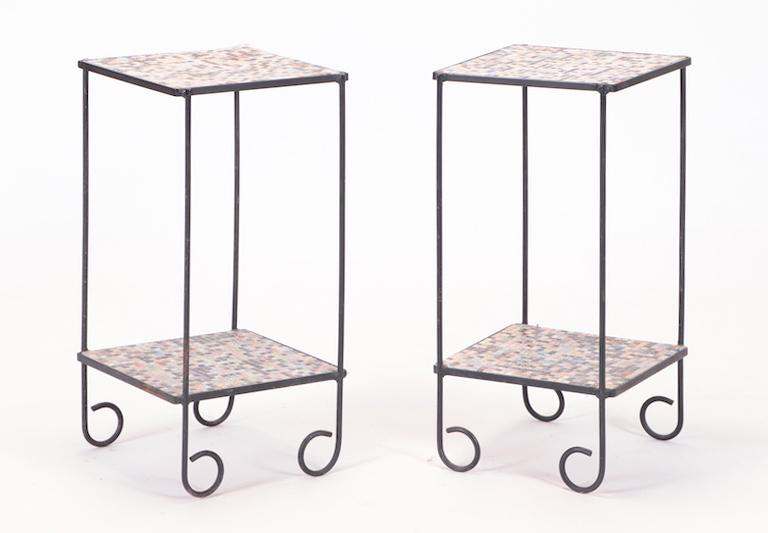 PAIR ITALIAN IRON MOSAIC TILE TOP TABLES 1960 (1 of 4)