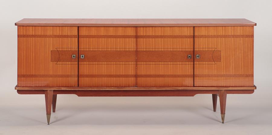 FRENCH CUBAN MAHOGANY SIDEBOARD C.1960: A French Cuban mahogany four door sideboard having a sycamore interior circa 1960. Ht: 39" Wd: 88.5" Dpth: 21"