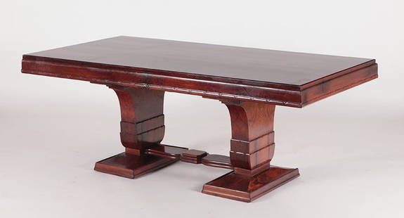 FRENCH WALNUT EXTENSION TABLE MONTAGNAC 1935: An interesting French figured walnut extension table by Pierre Paul Montagnac circa 1935. Ht: 31.25" Wd: 78.75" Dpth: 40.25"
