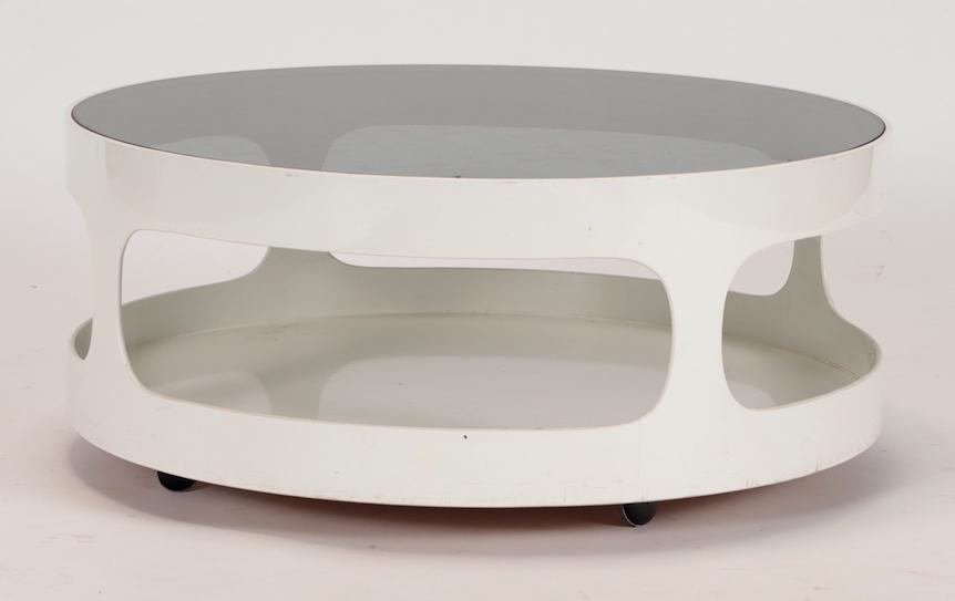 ROUND FRENCH PLASTIC COFFEE TABLE SMOKED GLASS 80S (1 of 3)