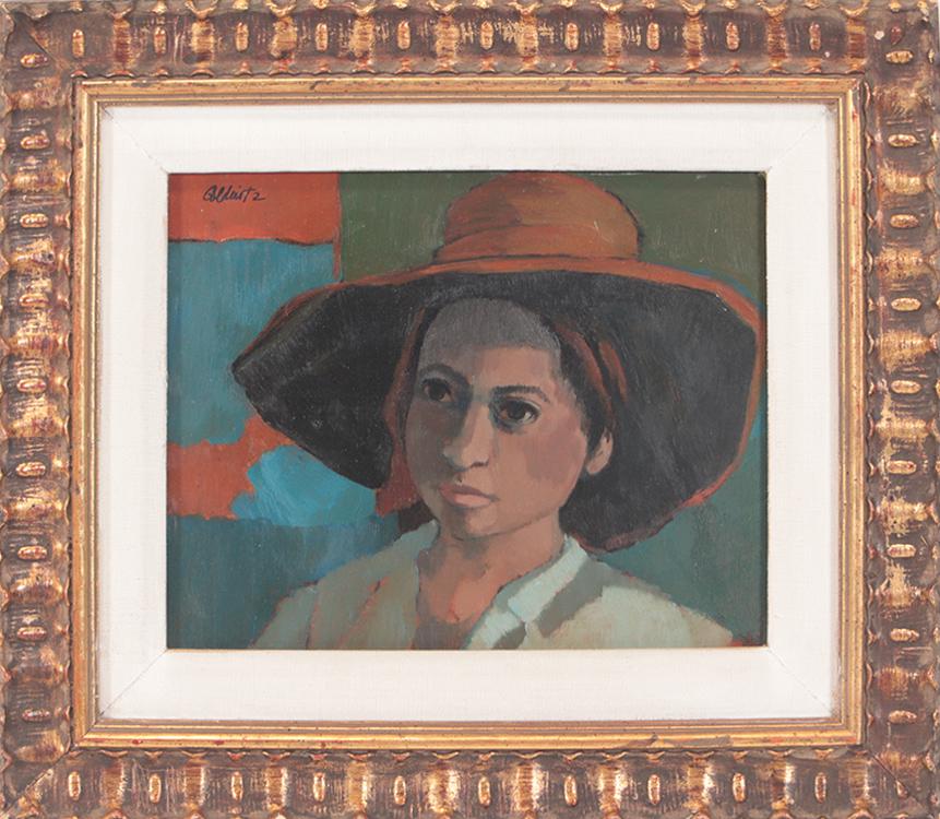 GOLDWITZ "WOMAN IN ORANGE HAT" OIL ON MASONITE: Selma Goldwitz (American, 20th Century)"Woman in Orange Hat," oil on masonite, signed Goldwitz. Image size: 8" x 10" Ht: 13" Wd: 15" (Frame size)