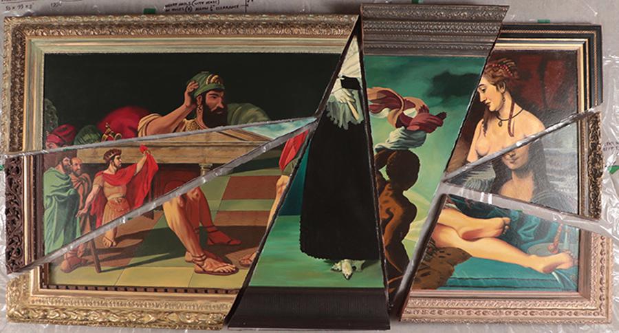 GREG CONSTANTINE "LOUVRE'S GREATEST HITS" PAINTING: Greg Constantine (Canadian b. 1938) "Louvre's Greatest Hits", assemblage of fragments of images of various famous paintings. Oil on canvas mounted on board, signed Greg Constantine 1990 on reverse. Ht