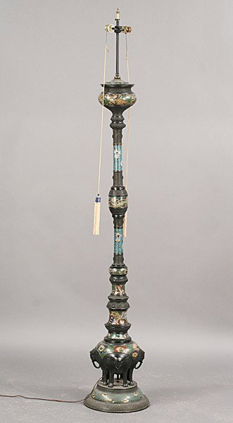 VINTAGE CHAMPLEVE ASIAN STYLE FLOOR LAMP: Vintage champleve Asian inspired standing floor lamp having ornate inlaid enamel decoration on a central column and a stylized elephant form base. Circa 1940. Ht: 74" Width: 11"