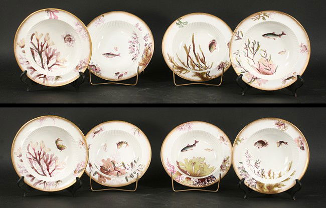 SET 8 FISH SOUP BOWLS ANTIQUE TRANSFER STOKE ENG: Set of eight antique marine themed soup bowls by The Crescent China Company of Stoke, England for J.E. Caldwell, Philadelphia circa 1904. Hand-highlighted transfer decorated with Reg#42306, each desig