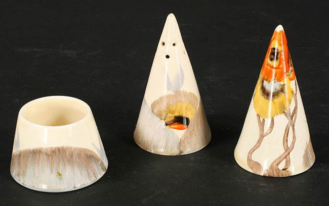 CLARICE CLIFF CRUET SET: A Clarice Cliff cruet set hand painted with the Rhodanthe pattern. Ht: Width: Depth: