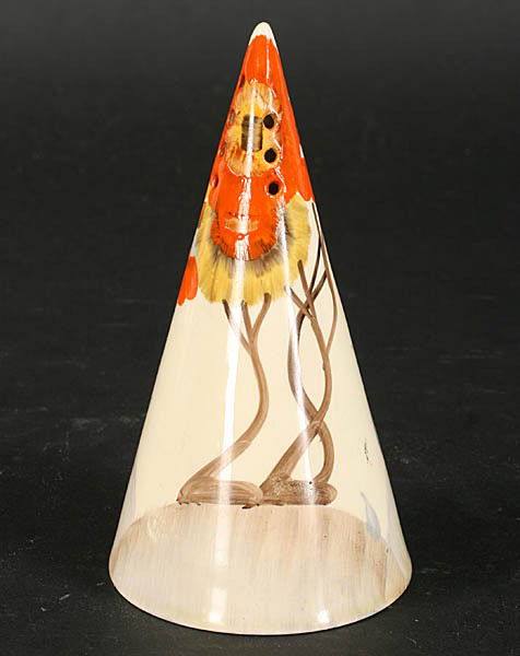 CLARICE CLIFF SUGAR SHAKER CONICAL: A Clarice Cliff conical sugar shaker hand painted with the Rhodanthe pattern. Ht: Width: Depth: