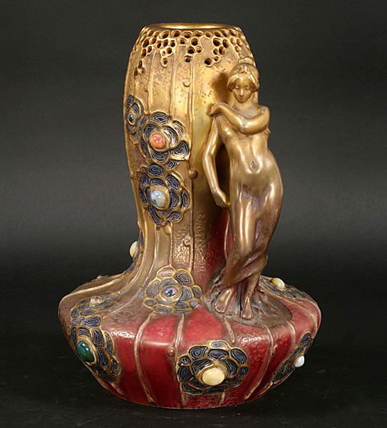 ANTIQUE AUSTRIAN ART NOUVEAU STYLE AMPHORA VASE: Important jeweled amphora vase in classic Austrian Art Nouveau style circa 1890. Unsigned but in the style of Reissner. Ht: 11" Width: 7.5"