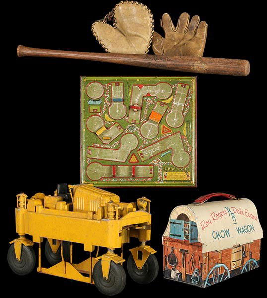 6 PC LOT: VINTAGE TOY TRUCK R. ROGERS LUNCH BOX: Six piece lot of vintage children's toys and collectibles including Roy Rogers, Dale Evans lunch box and a Druge cast metal tractor. Also included: a vintage baseball bat (A.J. Reach Co.) and two vint