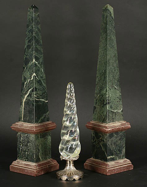 3 PC LOT: PR MARBLE OBELISK & 1 GLASS: Pair of Continental carved green marble obelisks and a glass twist obelisk on a metal base circa 1940. ` Ht: 22" Width: 4.5" Depth: 4.5"
