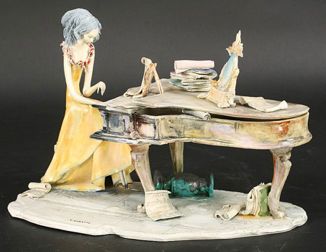 VINTAGE ITALIAN TONI MORETTO CERAMIC SCULPTURE: Whimsical vintage Italian Toni Moretto ceramic sculpture for The Scricciola workshop. Showing a whimsical scene of a female figure at the piano. The Scricciola workshop was active from the 1950s until