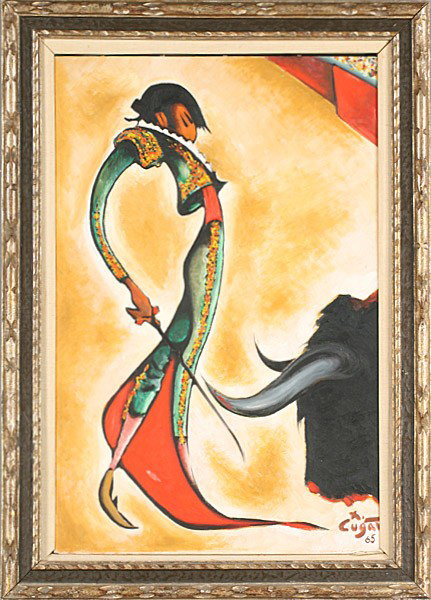 XAVIER CUGAT C. 1965 BULLFIGHTER OIL PAINTING: Xavier Cugat (California, Spain, Cuba, 1900-1990) The Bullfighter, oil on board, signed lower right "X. Cugat" and dated 1965. Unframed: 30 inches H. X 19.5 inches W. Ht: 36" Width: 25.5"