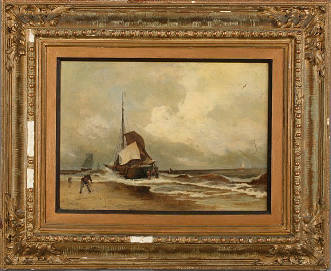 ANTIQUE OIL PAINTING W.S. MULLER SHIP ON WATER: Antique oil painting on canvas depicting a ship at water's edge, signed lower left "W. S. Muller" and dated 1876. Unframed dimensions: 17 in. high x 25 in. wide. Ht: 30" Width: 37"