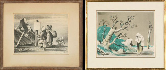 W. GROPPER AMERICAN ARTIST 2 LITHOS FRAMED SIGNED: William Gropper (American 1897-1977) Two Works of Art, both signed in pencil, lower right. "WINTER," colored lithograph. Dimensions: 22"H x 25.5"W, framed. "LIBERATED VILLAGE," lithograph. Dimensions: