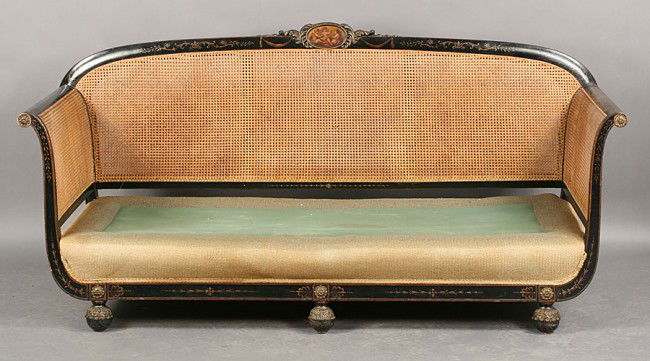 PR ANTIQUE ENGLISH CANED SETTEES ADAMS STYLE: English Adams style settee with original caned back and sides, central painted medallion, and ball feet with carved acanthus leaves circa 1910. Ht: 36" Width: 74" Depth: 32"