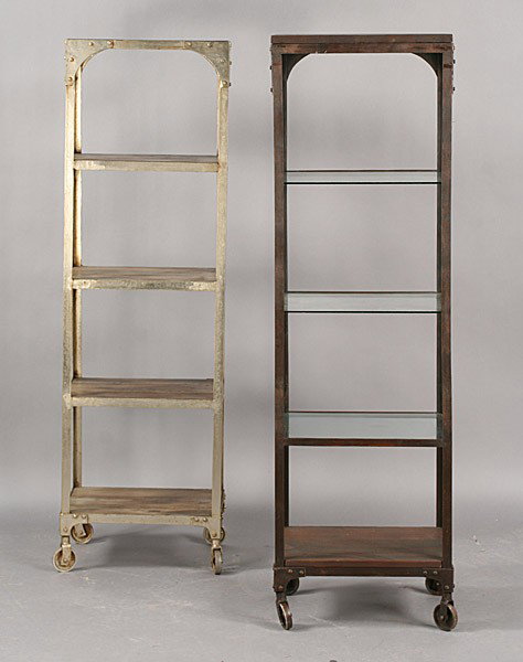 2 PC LOT: 2 SIMILAR INDUSTRIAL STEEL WOOD SHELVES: Two similar Industrial steel and wood etegeres each having four shelves and casters. Ht: 61" Width: 18.5" Depth: 14"