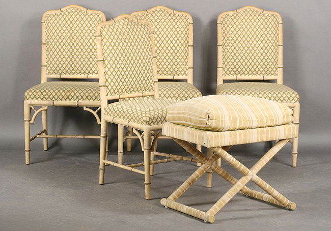 5 PC LOT: SET 4 HICKS STYLE CHAIRS & X BENCH: Set of four David Hicks style faux bamboo painted side chairs having upholstered backs and seats and a bench with X-form base all circa 1950. Ht: 38" Width: 19" Depth: 18"