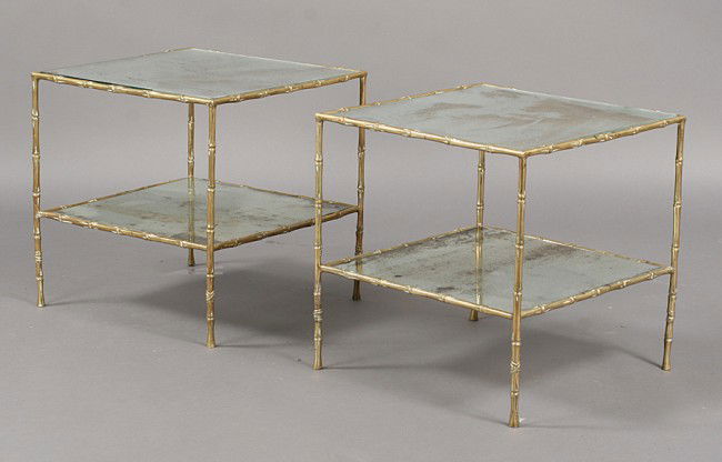 PR MIRROR TOP BRONZE FAUX BAMBOO END TABLES: Pair of bronze faux bamboo end tables having distressed mirror tops and one lower shelf each circa 1960. Ht: 17.5" Width: 17.5" Depth: 17.5"