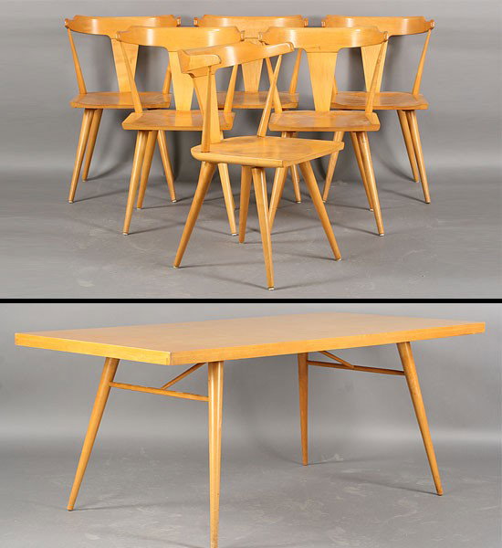 MID CENTURY MODERN PAUL MCCOBB TABLE & CHAIRS: A mid century modern branded Paul McCobb planner group maple table and six matching chairs circa 1950. Ht: 29" Width: 72" Depth: 36"