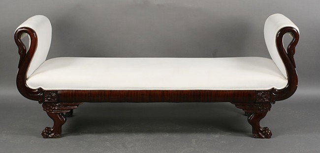 VINTAGE FRENCH EMPIRE STYLE SWAN DAYBED: Stylish French Empire style upholstered daybed have four ends carved into swans over stylized paw feet circa 1940. Ht: 32" Width: 78" Depth: 28"