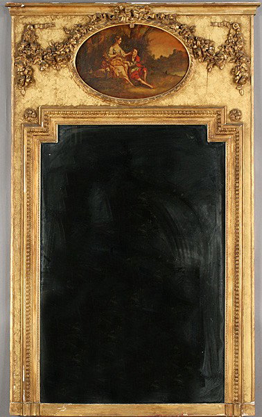 ANTIQUE FRENCH PAINTED GESSO TRUMEAU MIRROR: A French trumeau mirror in a gilt gesso frame circa 1900. Ht: 69" Width: 43"